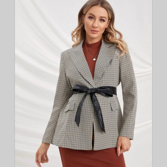 NWT Maternity blazer notched collar gingham with black belt office work elegant - Picture 1 of 5